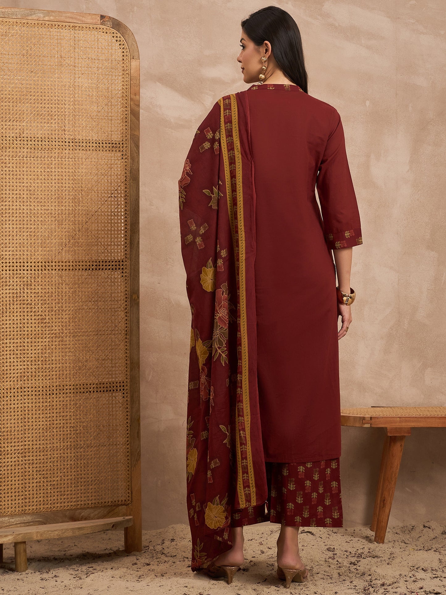 Women Floral Yoke Design Sequinned Pure Cotton Kurta with Trousers & Dupatta