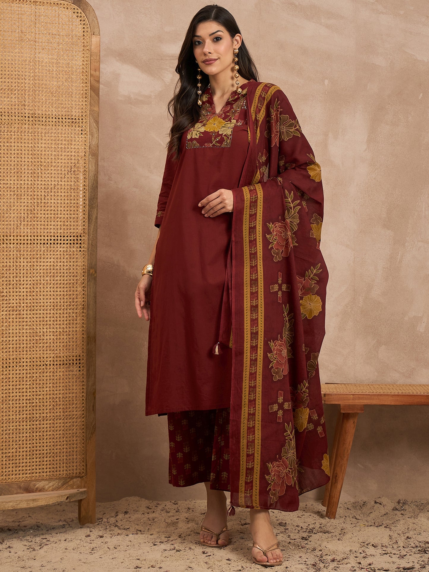 Women Floral Yoke Design Sequinned Pure Cotton Kurta with Trousers & Dupatta
