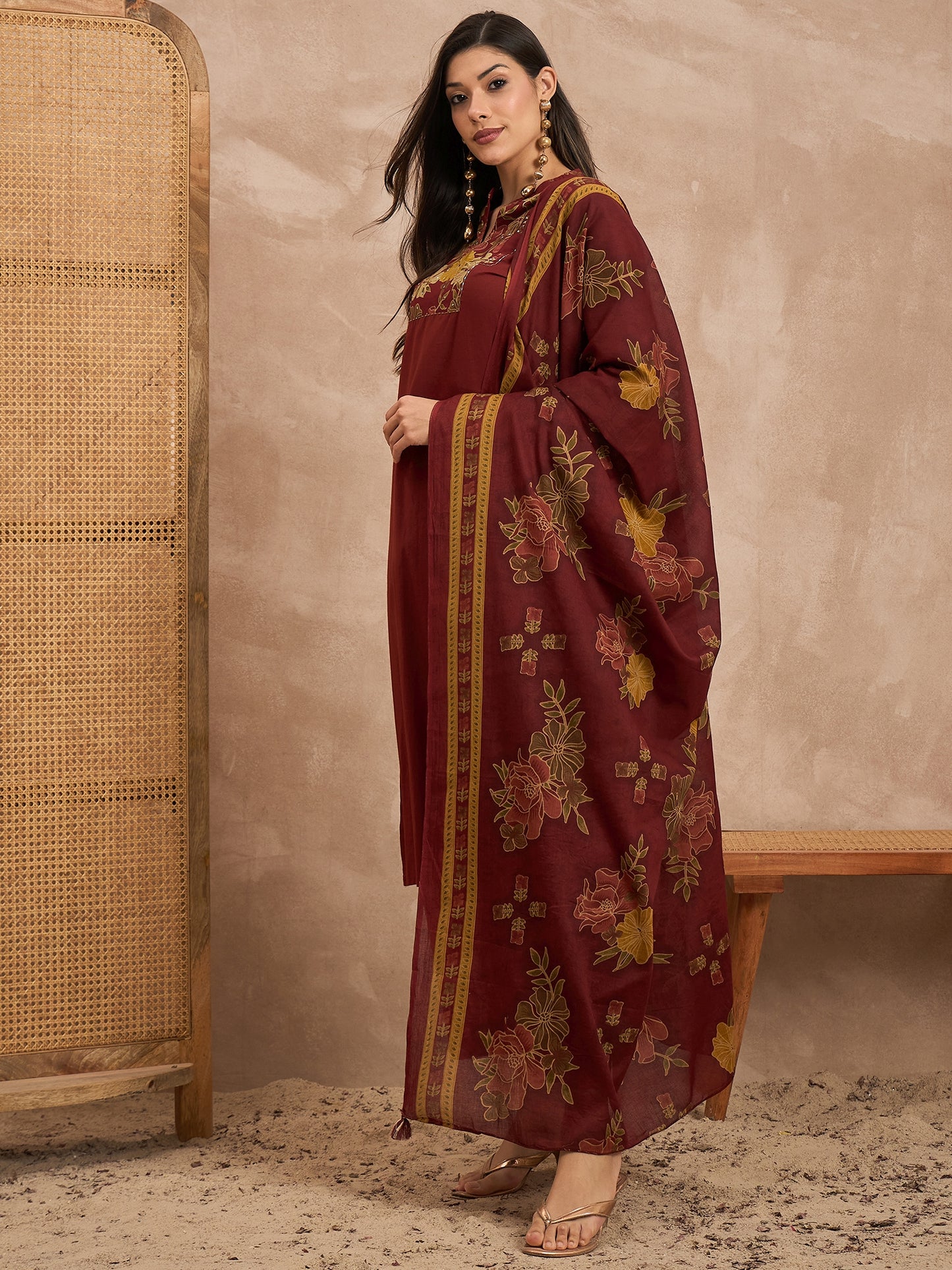 Women Floral Yoke Design Sequinned Pure Cotton Kurta with Trousers & Dupatta
