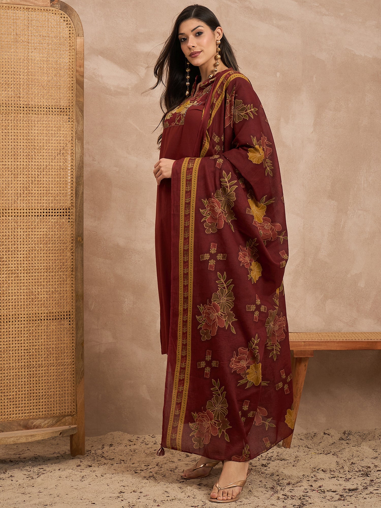 Women Floral Yoke Design Sequinned Pure Cotton Kurta with Trousers & Dupatta