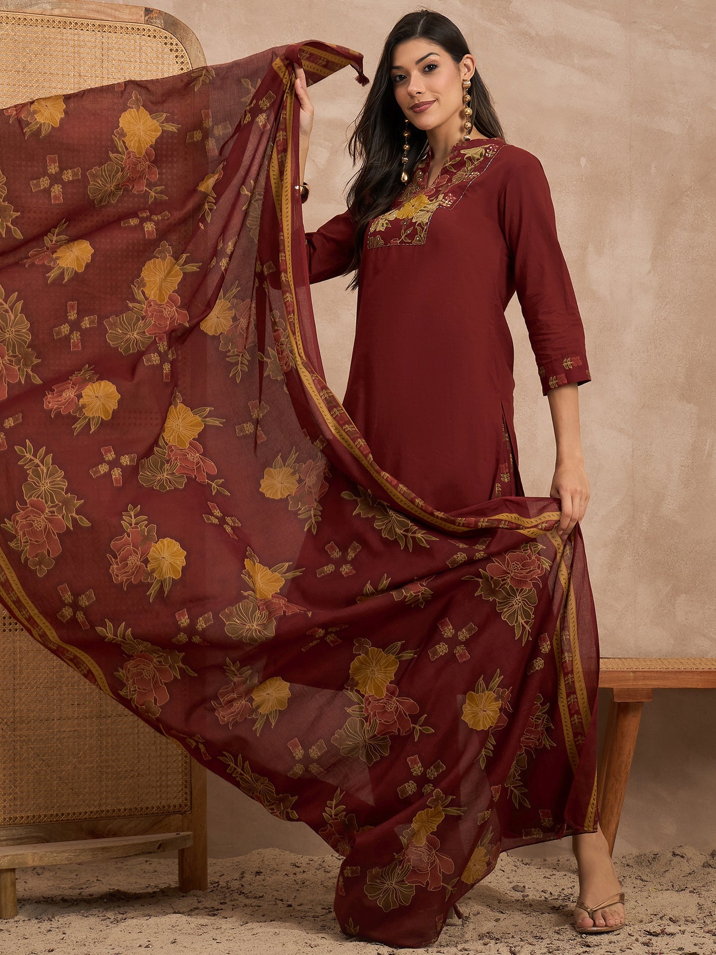 Women Floral Yoke Design Sequinned Pure Cotton Kurta with Trousers & Dupatta