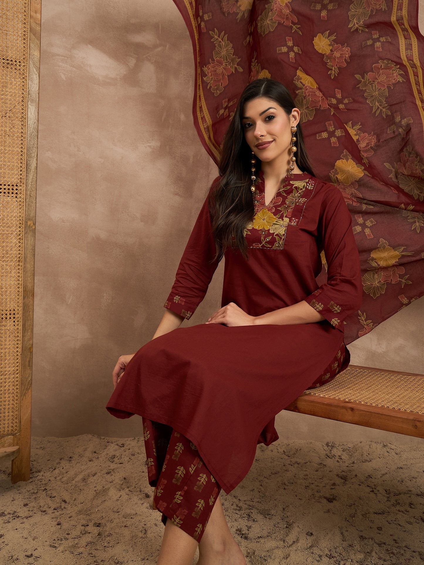 Women Floral Yoke Design Sequinned Pure Cotton Kurta with Trousers & Dupatta
