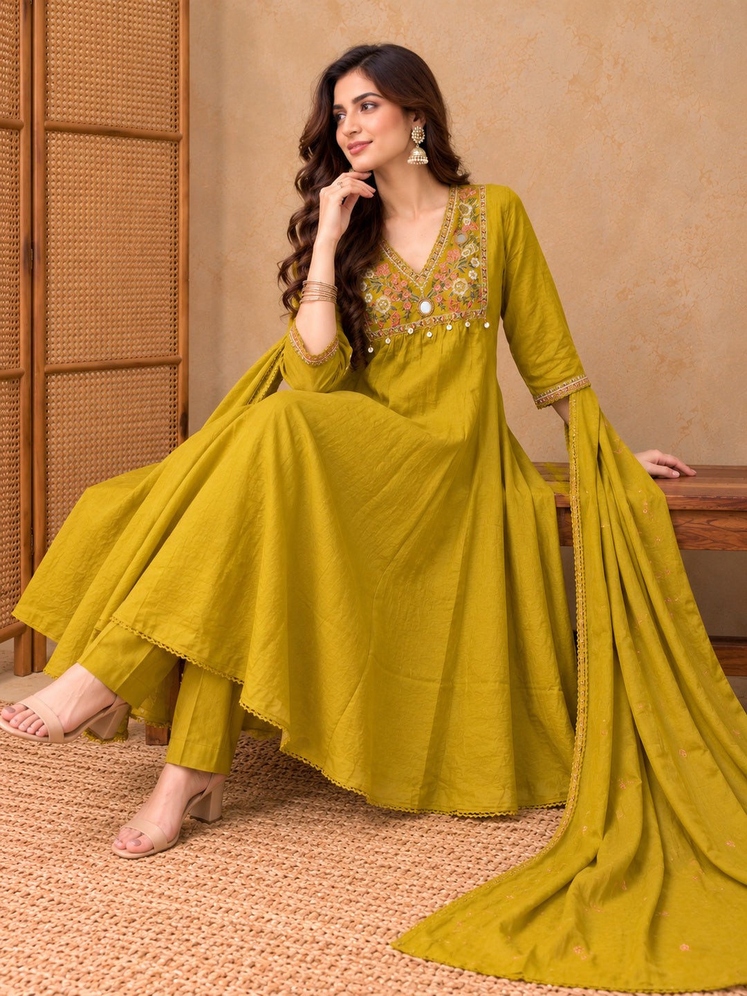 Women Ethnic Motifs Embroidered Empire Mirror Work Kurta with Trousers & With Dupatta