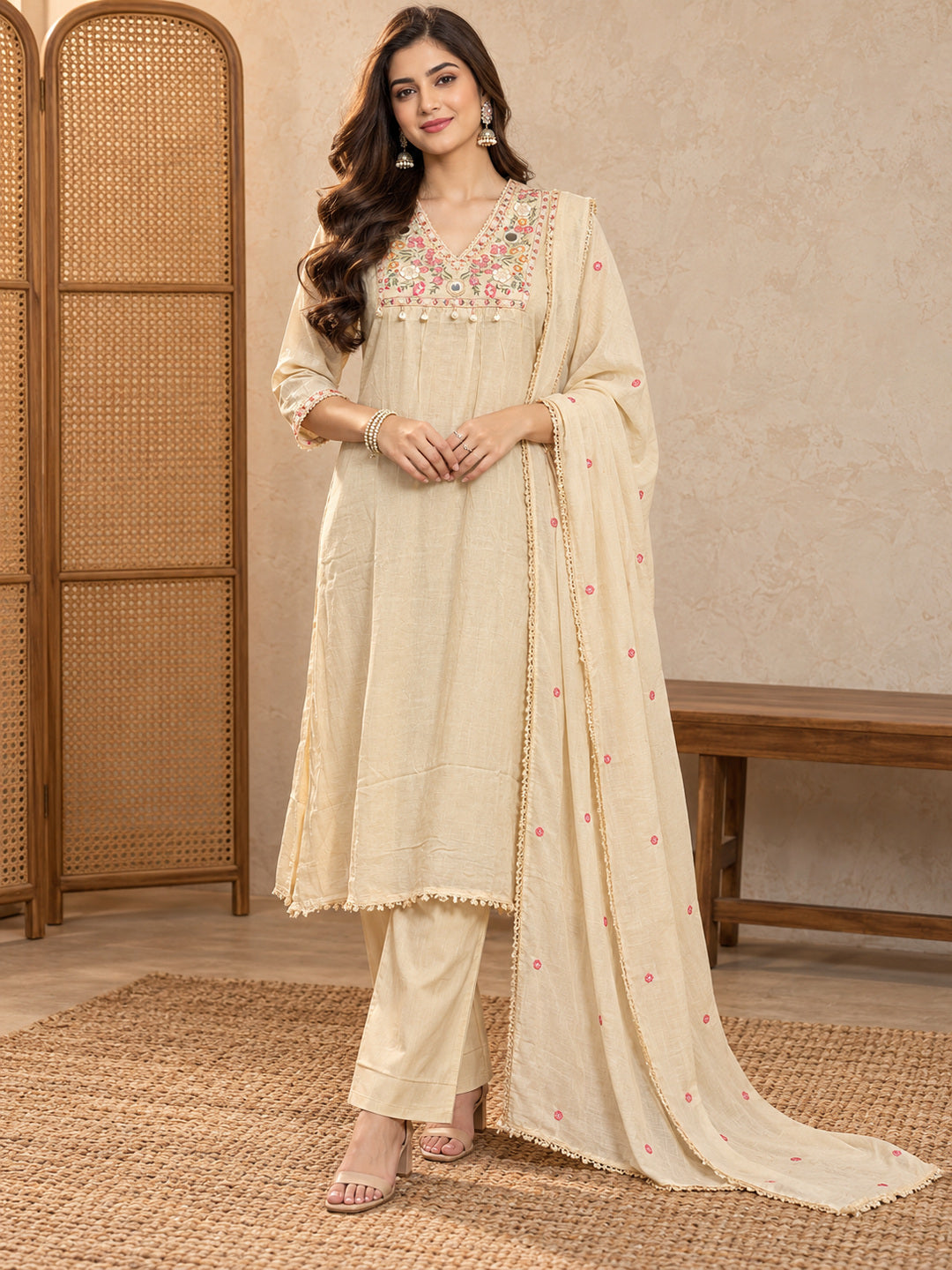 Women Ethnic Motifs Embroidered Regular Mirror Work Kurta with Trousers & With Dupatta