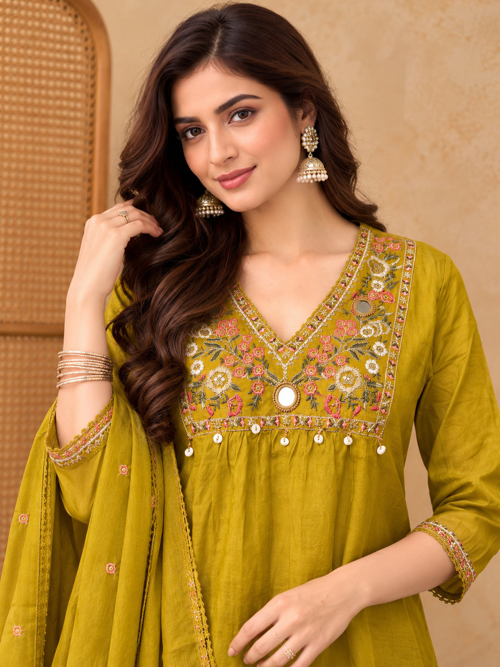 Women Ethnic Motifs Embroidered Empire Mirror Work Kurta with Trousers & With Dupatta