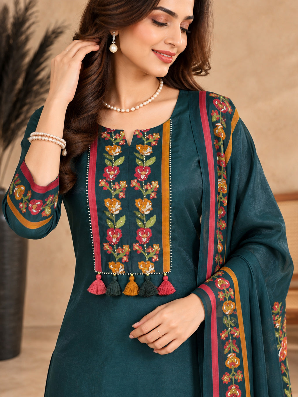 Women Floral Embroidered Regular Thread Work Pure Cotton Kurta Palazzos & Dupatta