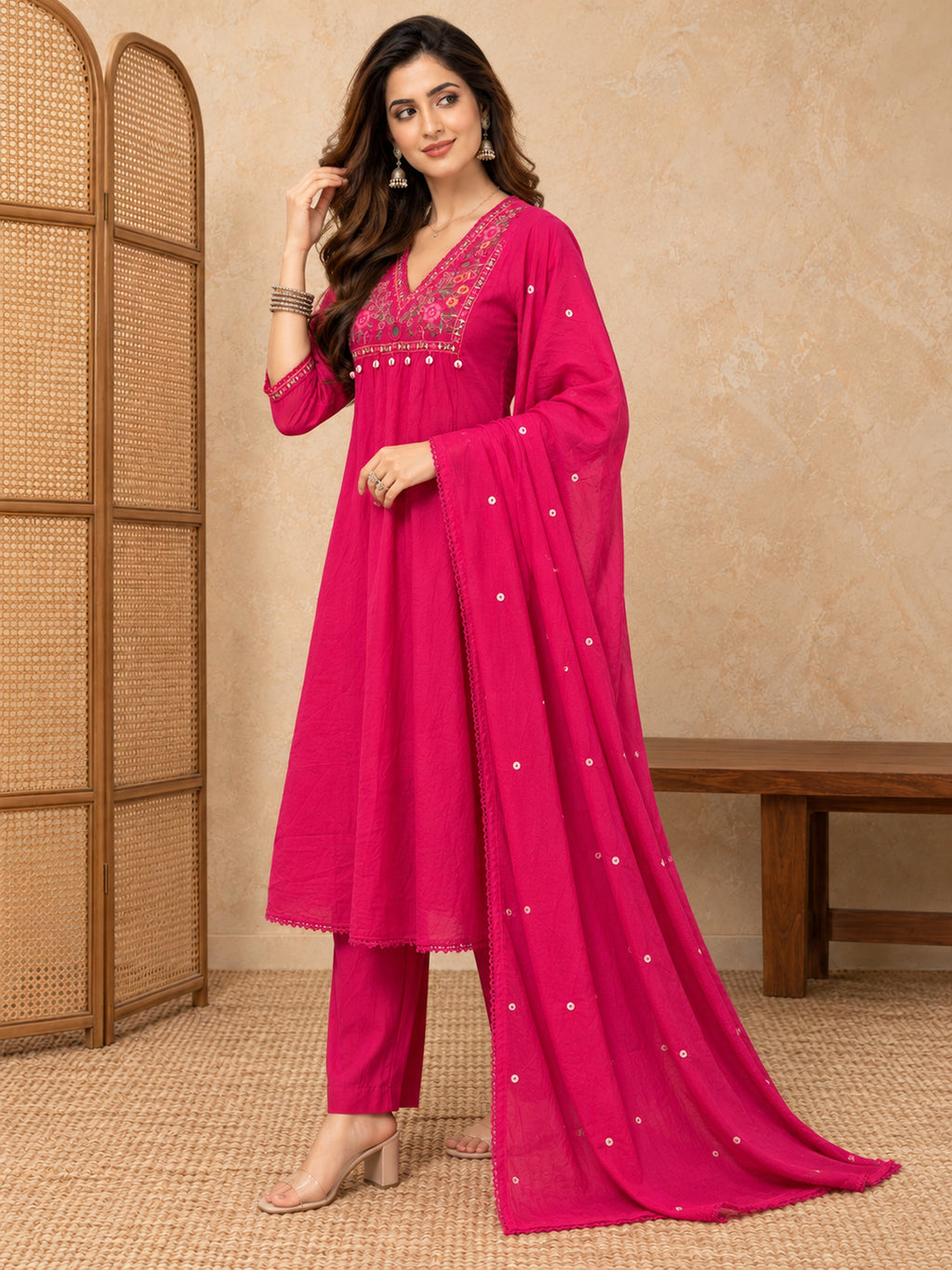 Women Ethnic Motifs Embroidered Empire Thread Work Kurta with Trousers & With Dupatta