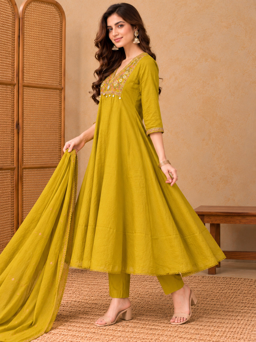 Women Ethnic Motifs Embroidered Empire Mirror Work Kurta with Trousers & With Dupatta
