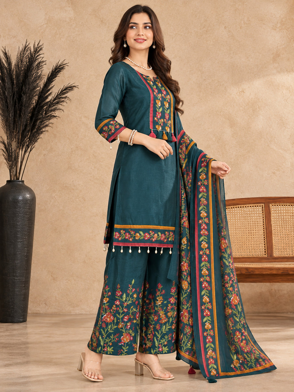 Women Floral Embroidered Regular Thread Work Pure Cotton Kurta Palazzos & Dupatta