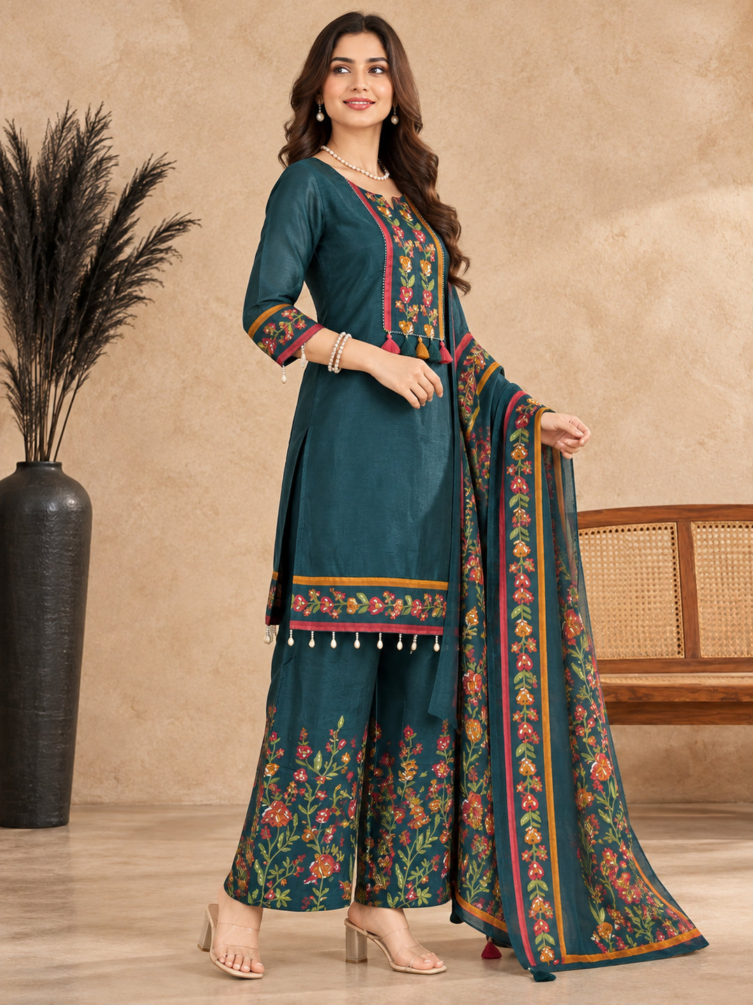 Women Floral Embroidered Regular Thread Work Pure Cotton Kurta Palazzos & Dupatta