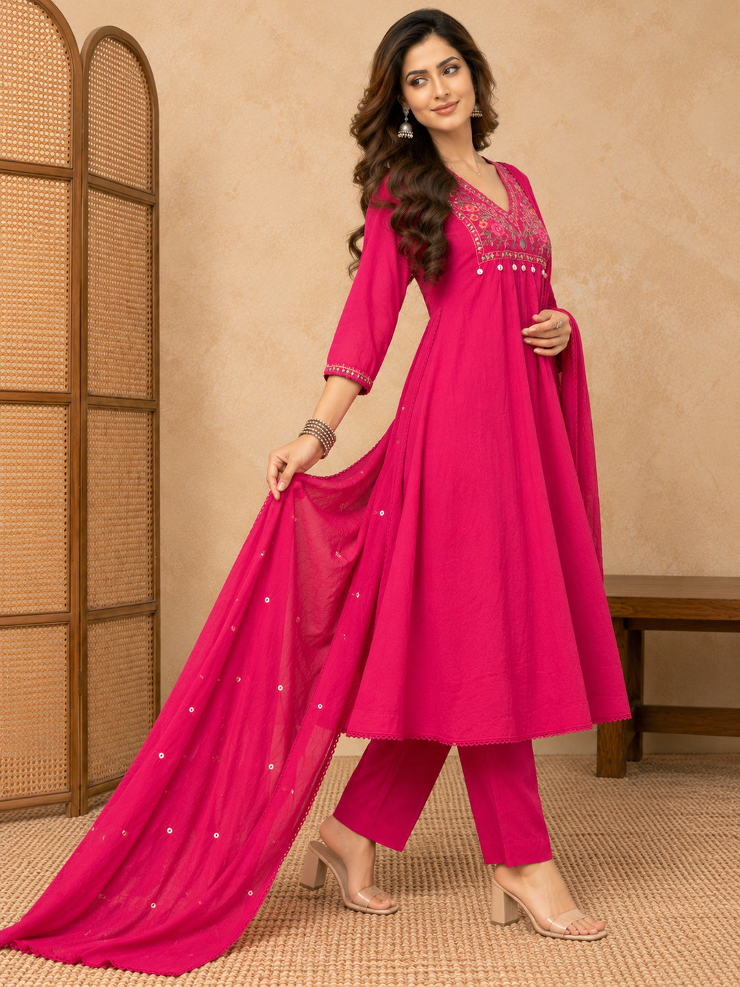 Women Ethnic Motifs Embroidered Empire Thread Work Kurta with Trousers & With Dupatta