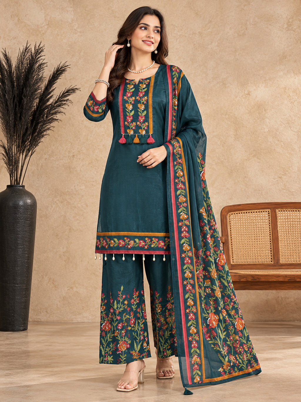 Women Floral Embroidered Regular Thread Work Pure Cotton Kurta Palazzos & Dupatta