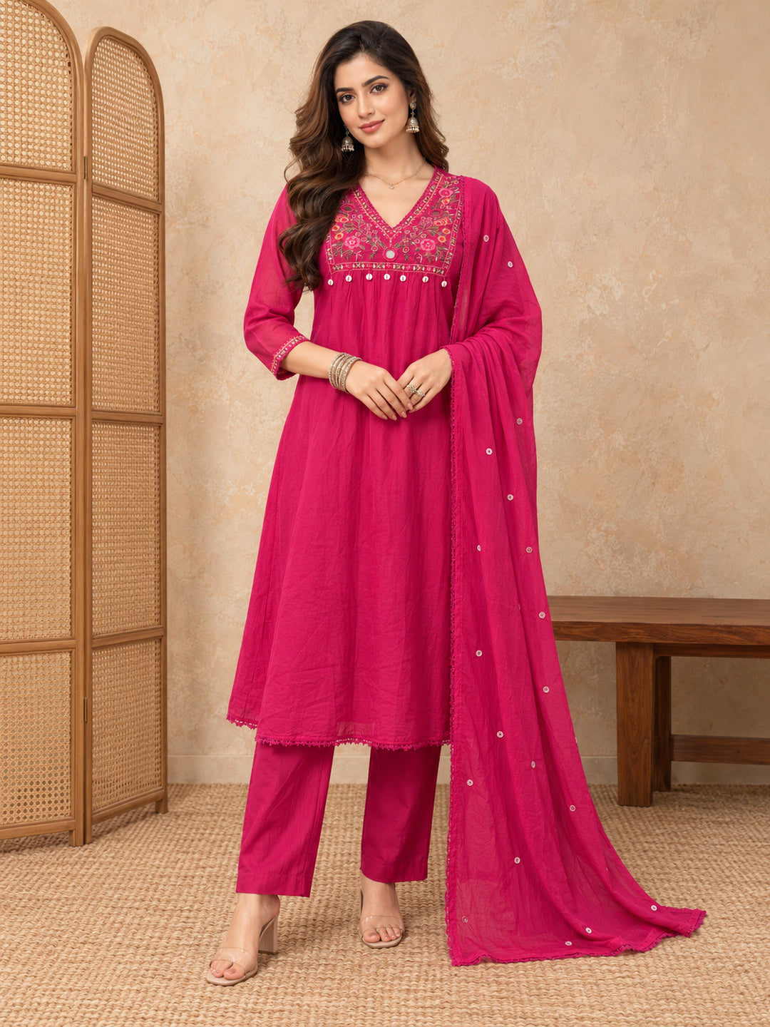 Women Ethnic Motifs Embroidered Empire Thread Work Kurta with Trousers & With Dupatta