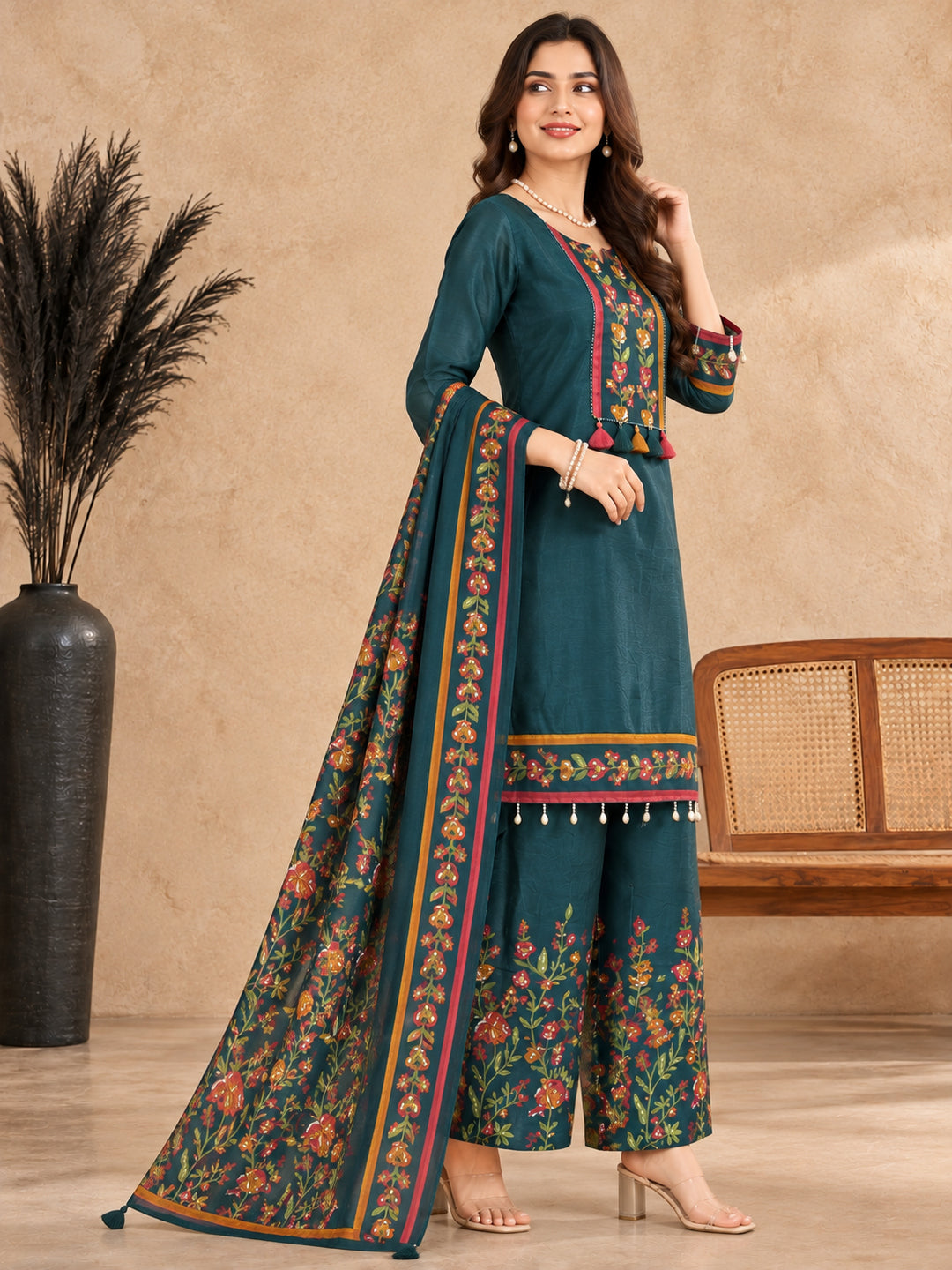 Women Floral Embroidered Regular Thread Work Pure Cotton Kurta Palazzos & Dupatta