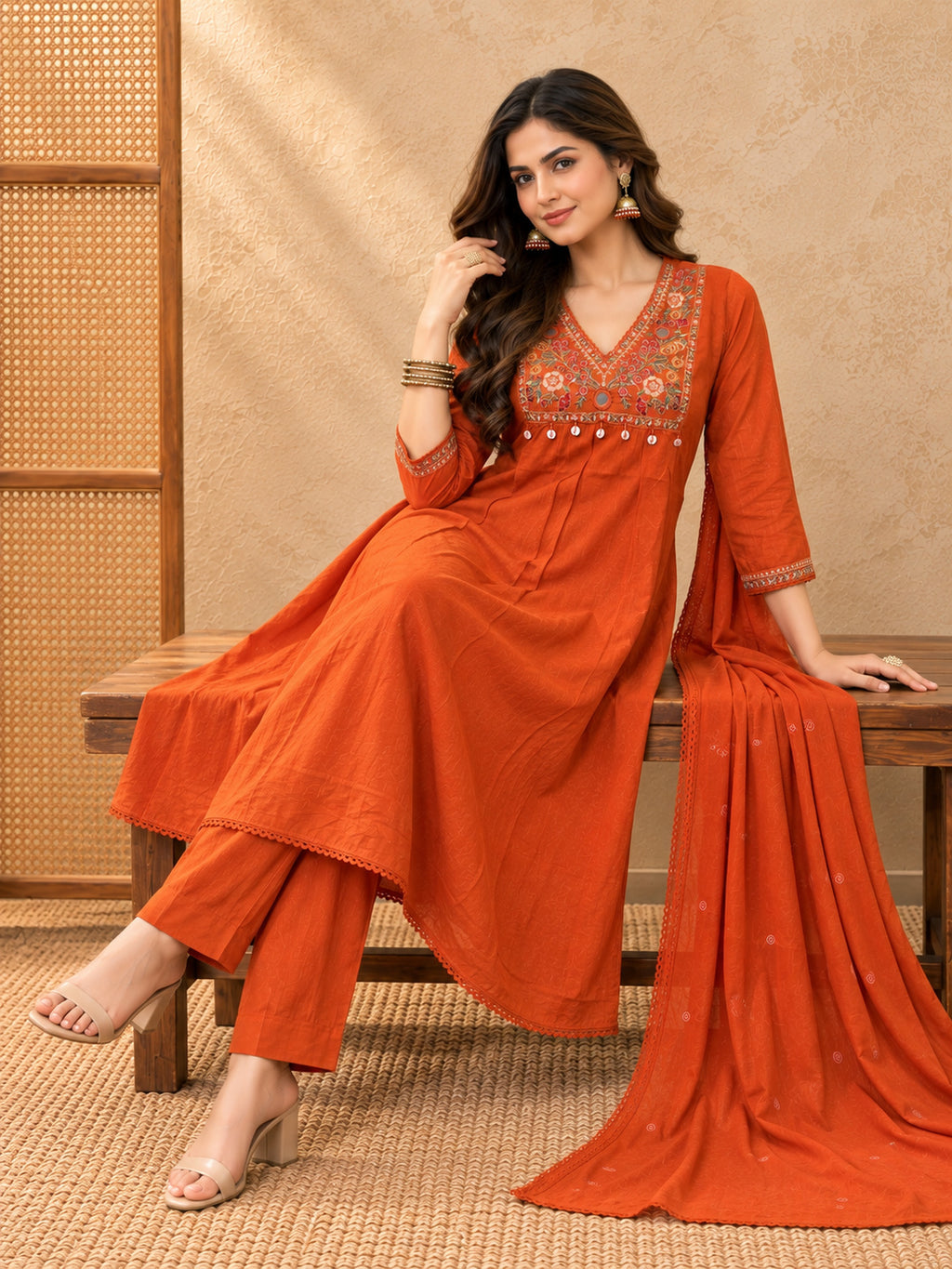 Women Ethnic Motifs Embroidered Empire Thread Work Kurta with Trousers & With Dupatta