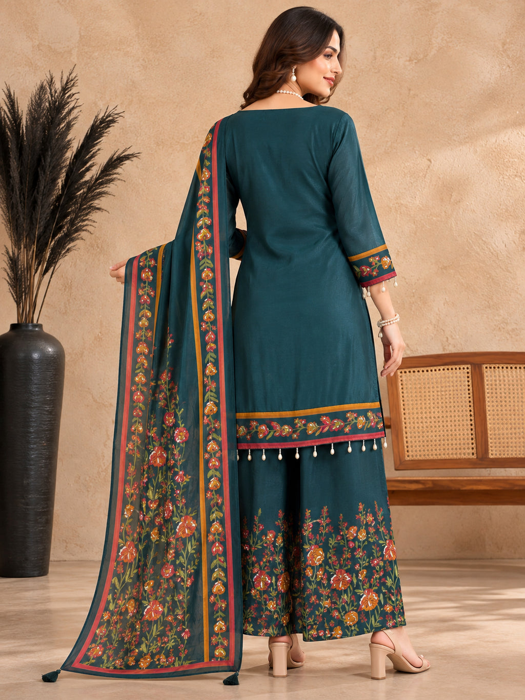 Women Floral Embroidered Regular Thread Work Pure Cotton Kurta Palazzos & Dupatta