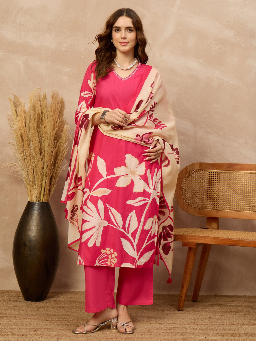 Women Floral Printed Regular Pure Cotton Kurta with Trousers & With Dupatta