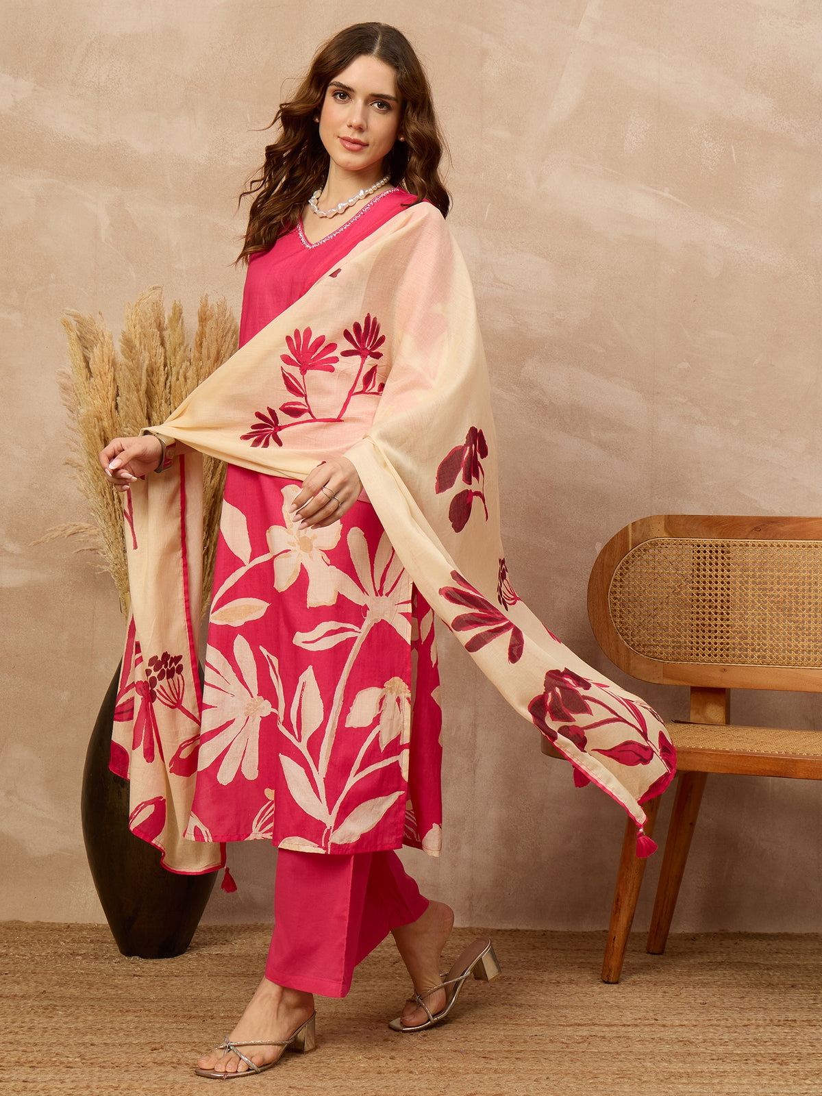 Women Floral Printed Regular Pure Cotton Kurta with Trousers & With Dupatta