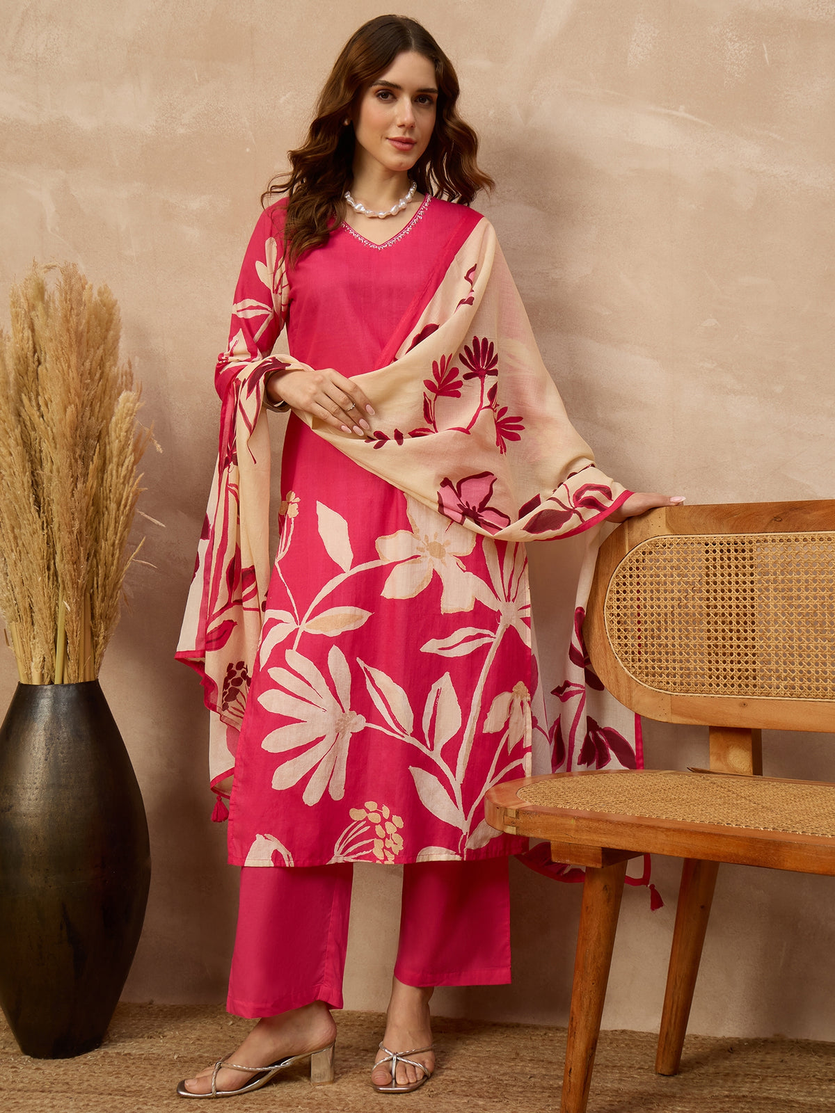 Women Floral Printed Regular Pure Cotton Kurta with Trousers & With Dupatta