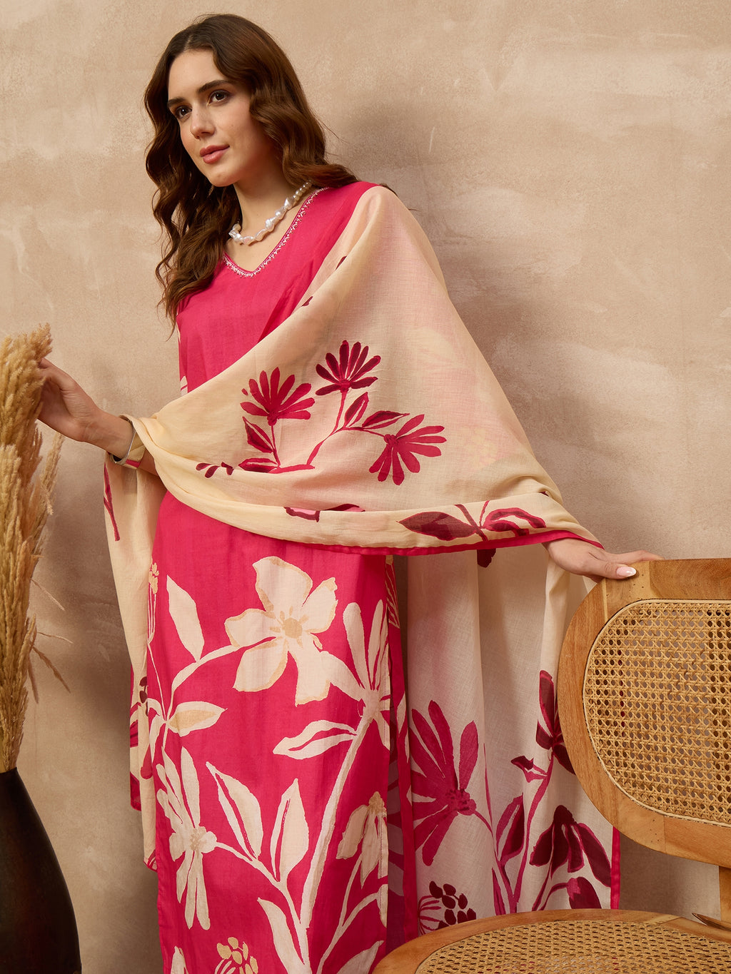 Women Floral Printed Regular Pure Cotton Kurta with Trousers & With Dupatta