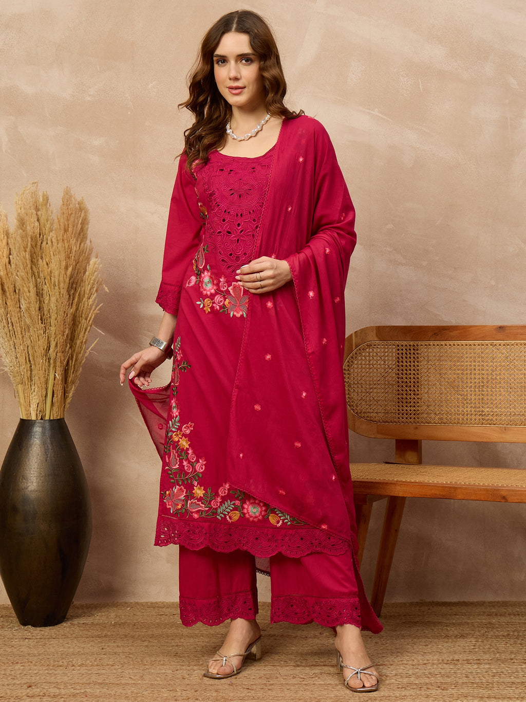 Women Floral Embroidered Regular Thread Work Pure Cotton Kurta with Palazzos & With Dupatta