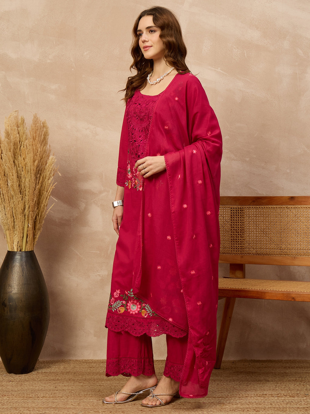 Women Floral Embroidered Regular Thread Work Pure Cotton Kurta with Palazzos & With Dupatta