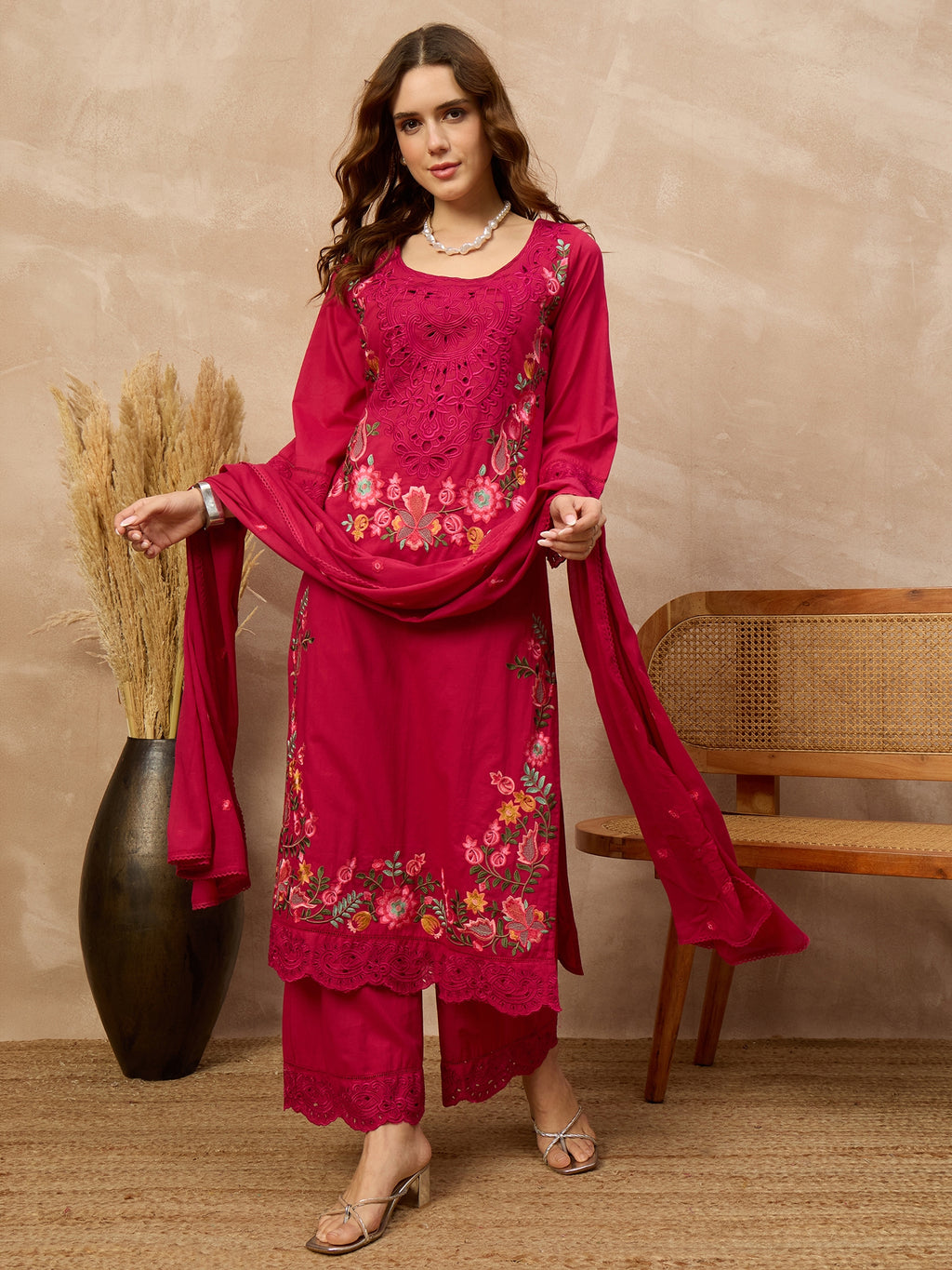 Women Floral Embroidered Regular Thread Work Pure Cotton Kurta with Palazzos & With Dupatta