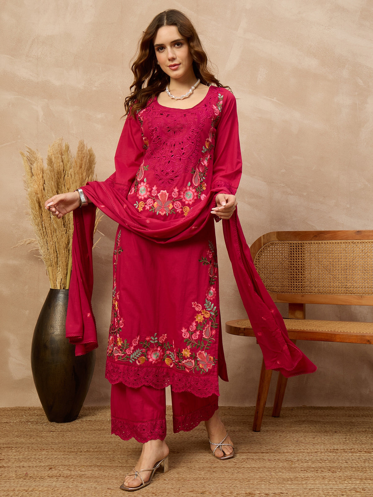 Women Floral Embroidered Regular Thread Work Pure Cotton Kurta with Palazzos & With Dupatta