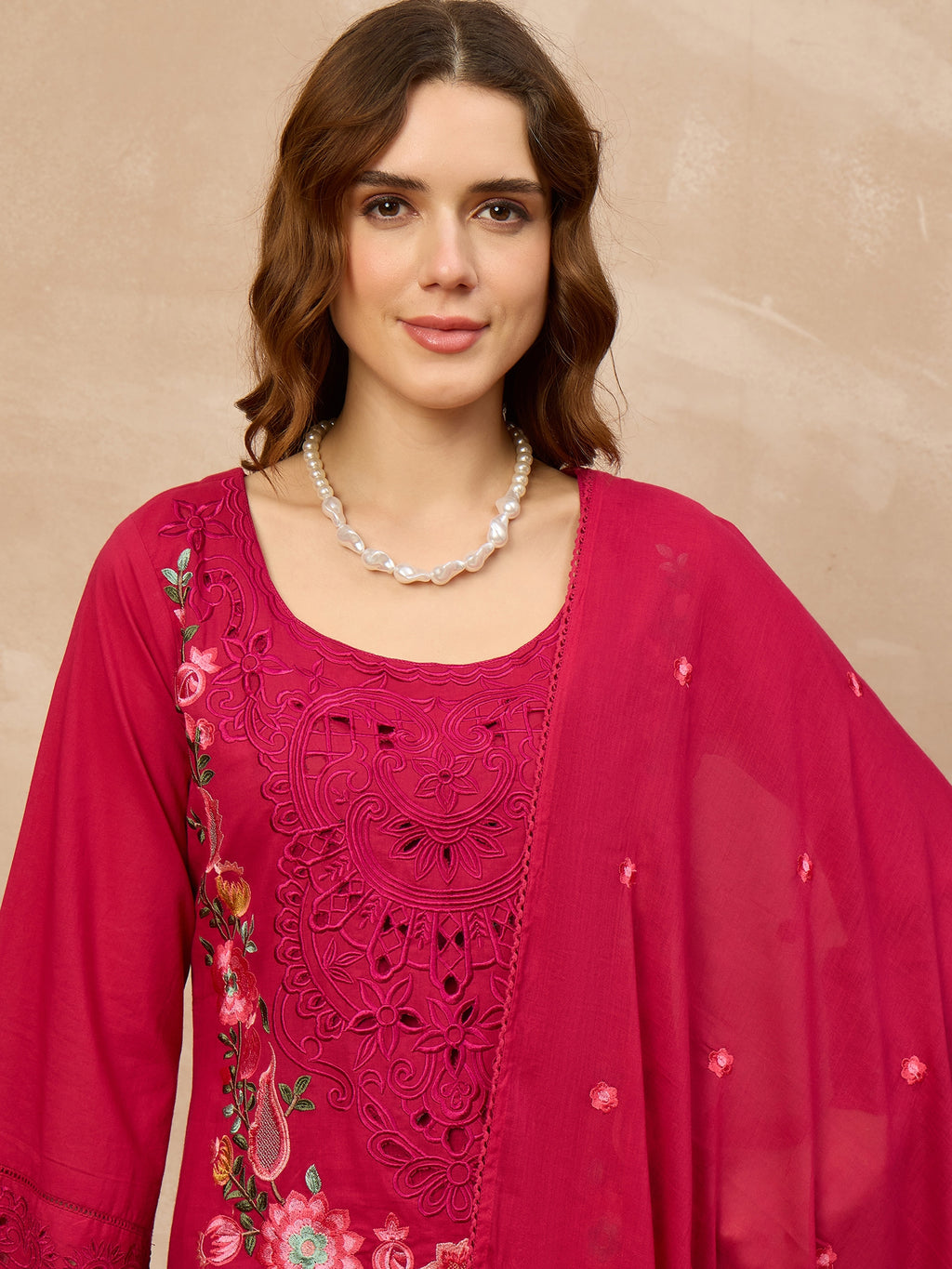 Women Floral Embroidered Regular Thread Work Pure Cotton Kurta with Palazzos & With Dupatta