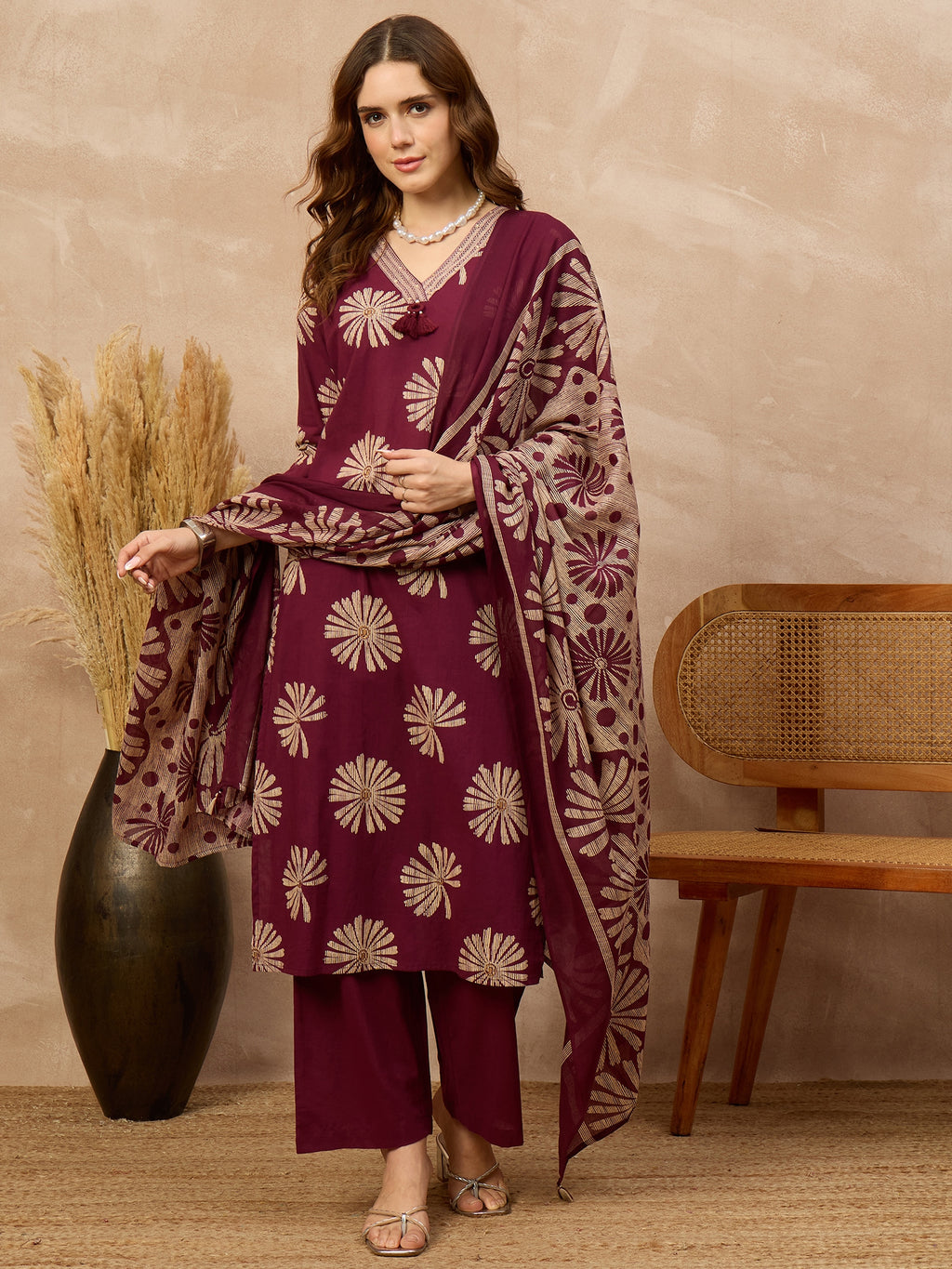 Women Ethnic Motifs Printed Regular Pure Cotton Kurta with Trousers & With Dupatta