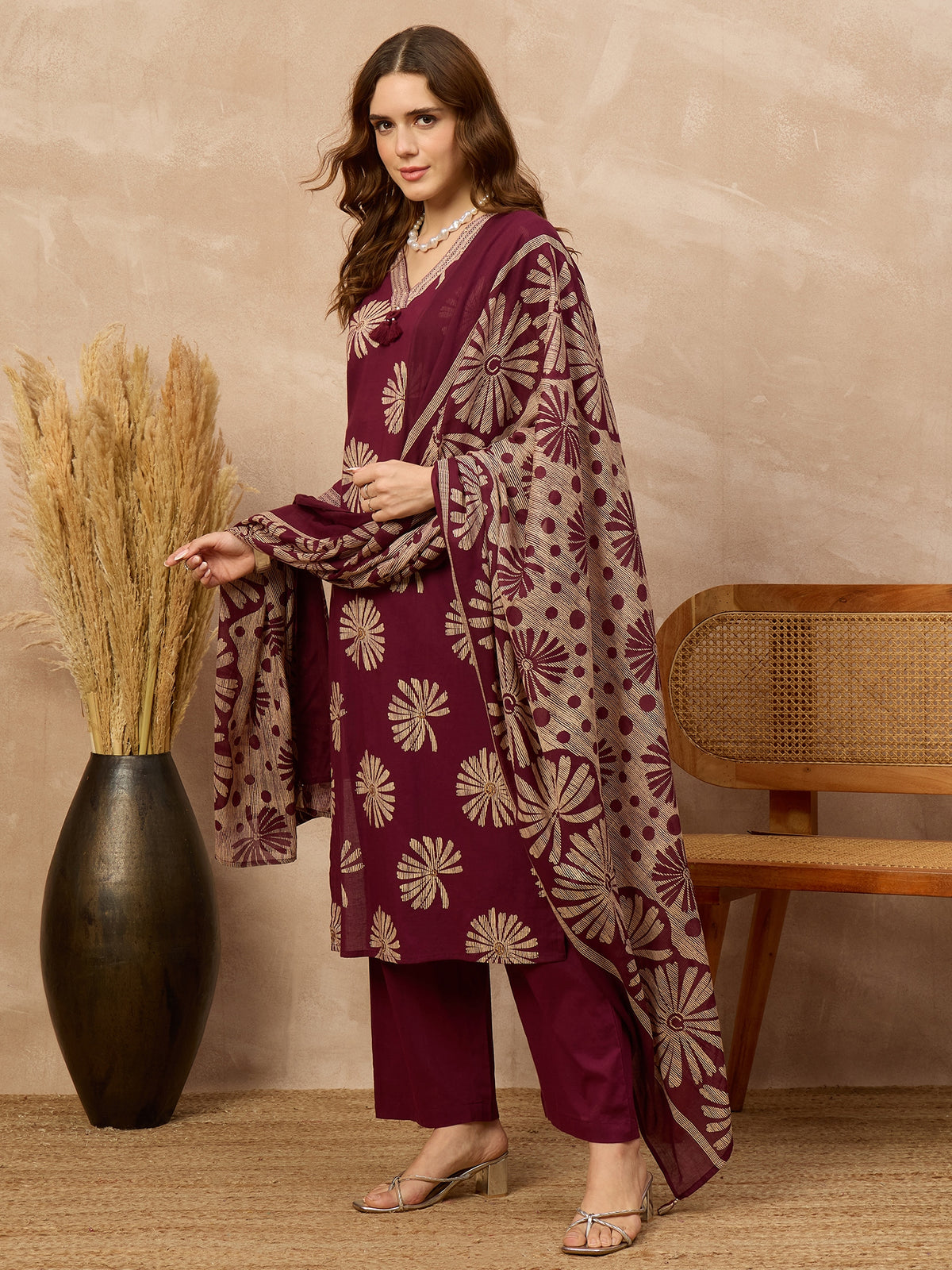 Women Ethnic Motifs Printed Regular Pure Cotton Kurta with Trousers & With Dupatta