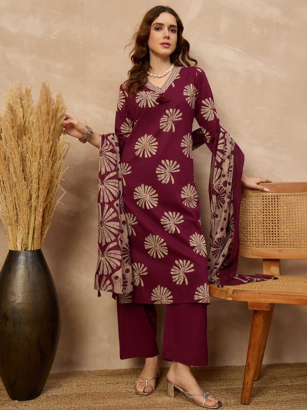 Women Ethnic Motifs Printed Regular Pure Cotton Kurta with Trousers & With Dupatta