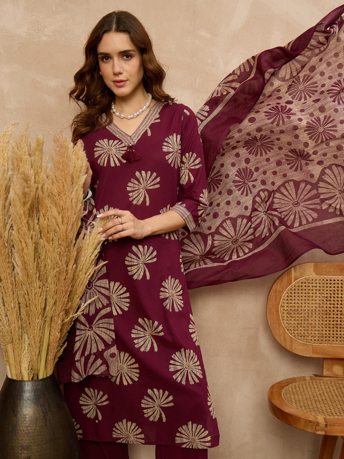 Women Ethnic Motifs Printed Regular Pure Cotton Kurta with Trousers & With Dupatta