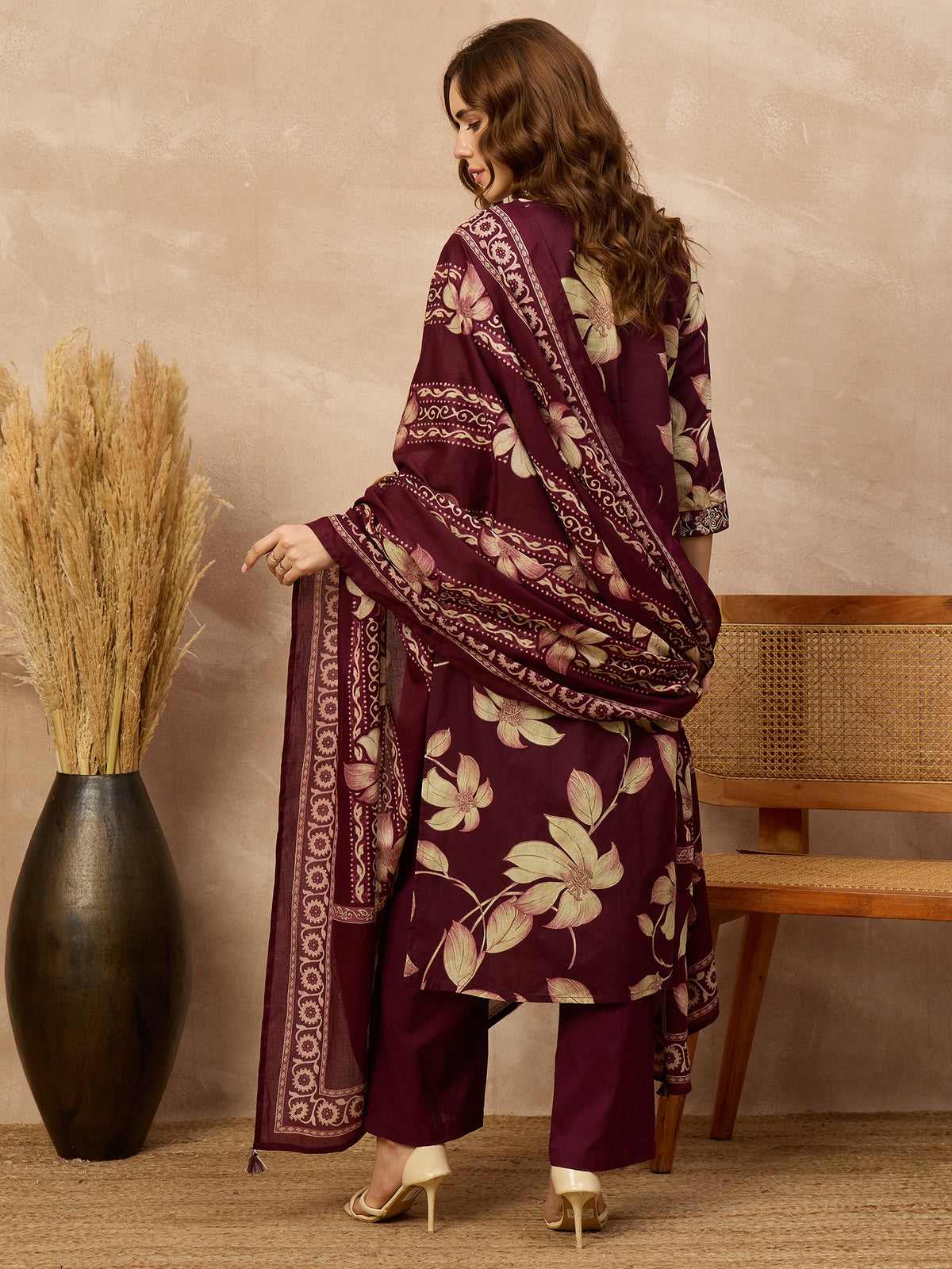 Women Floral Printed Regular Thread Work Pure Cotton Kurta with Palazzos & With Dupatta