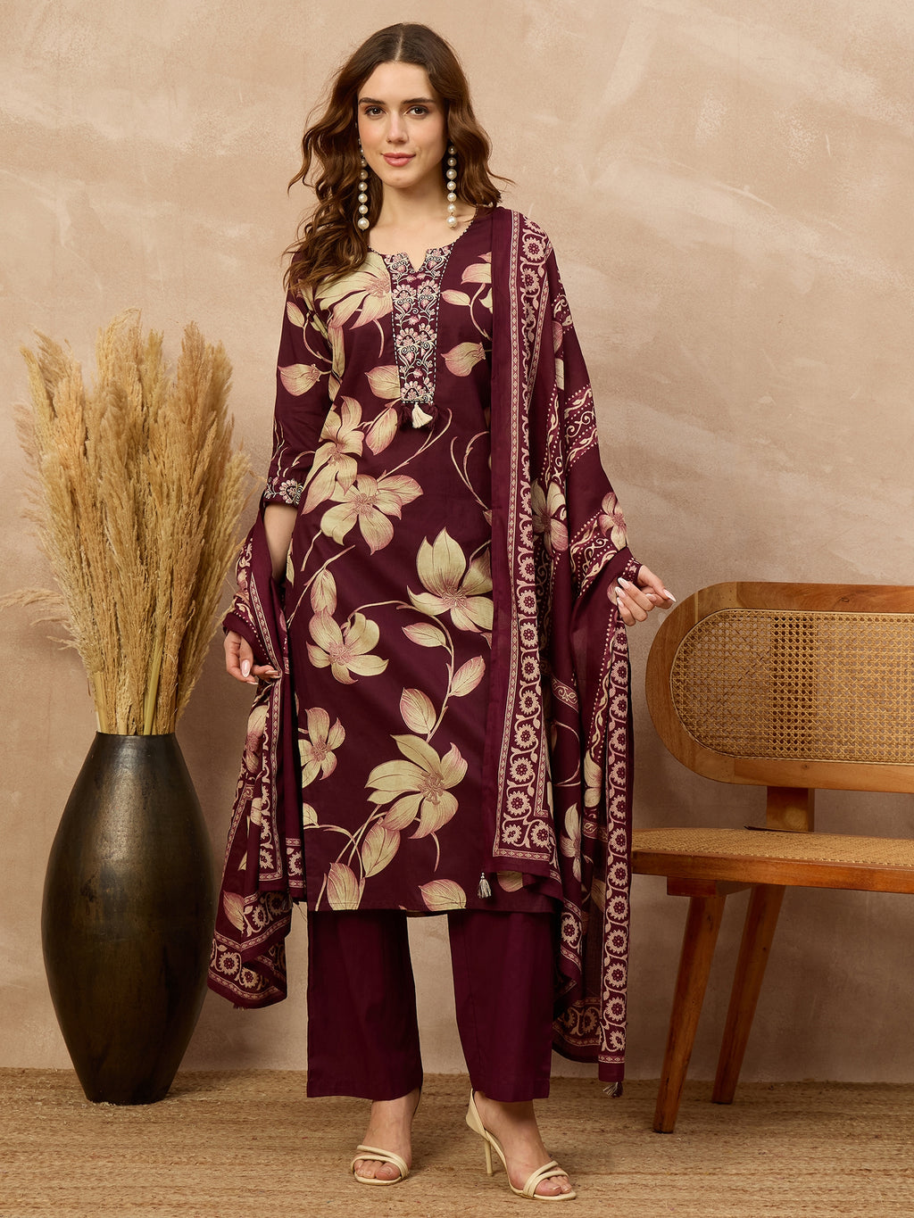 Women Floral Printed Regular Thread Work Pure Cotton Kurta with Palazzos & With Dupatta