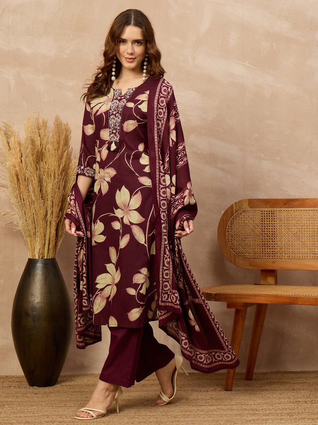 Women Floral Printed Regular Thread Work Pure Cotton Kurta with Palazzos & With Dupatta