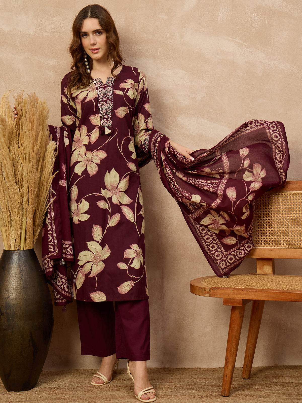 Women Floral Printed Regular Thread Work Pure Cotton Kurta with Palazzos & With Dupatta