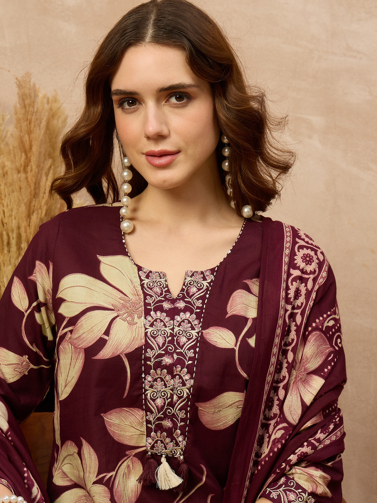 Women Floral Printed Regular Thread Work Pure Cotton Kurta with Palazzos & With Dupatta