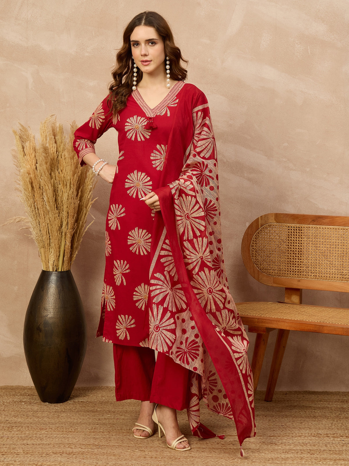 Women Ethnic Motifs Printed Regular Pure Cotton Kurta with Trousers & With Dupatta