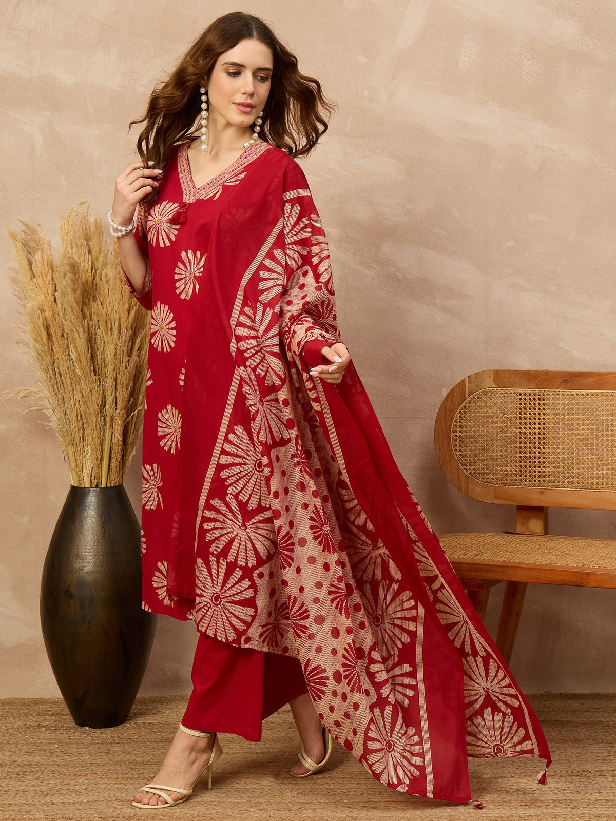 Women Ethnic Motifs Printed Regular Pure Cotton Kurta with Trousers & With Dupatta