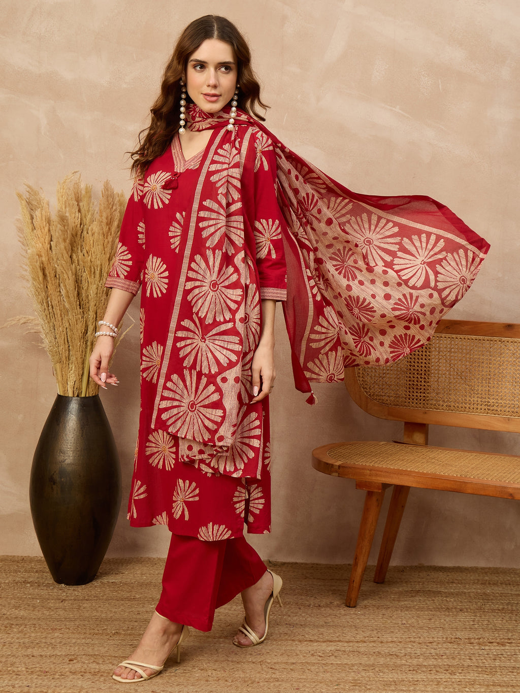Women Ethnic Motifs Printed Regular Pure Cotton Kurta with Trousers & With Dupatta