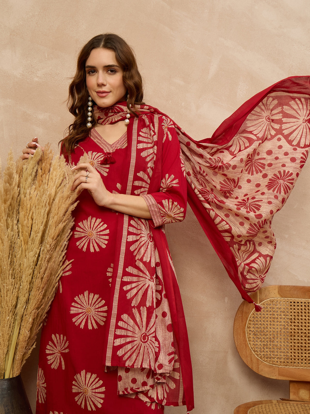 Women Ethnic Motifs Printed Regular Pure Cotton Kurta with Trousers & With Dupatta