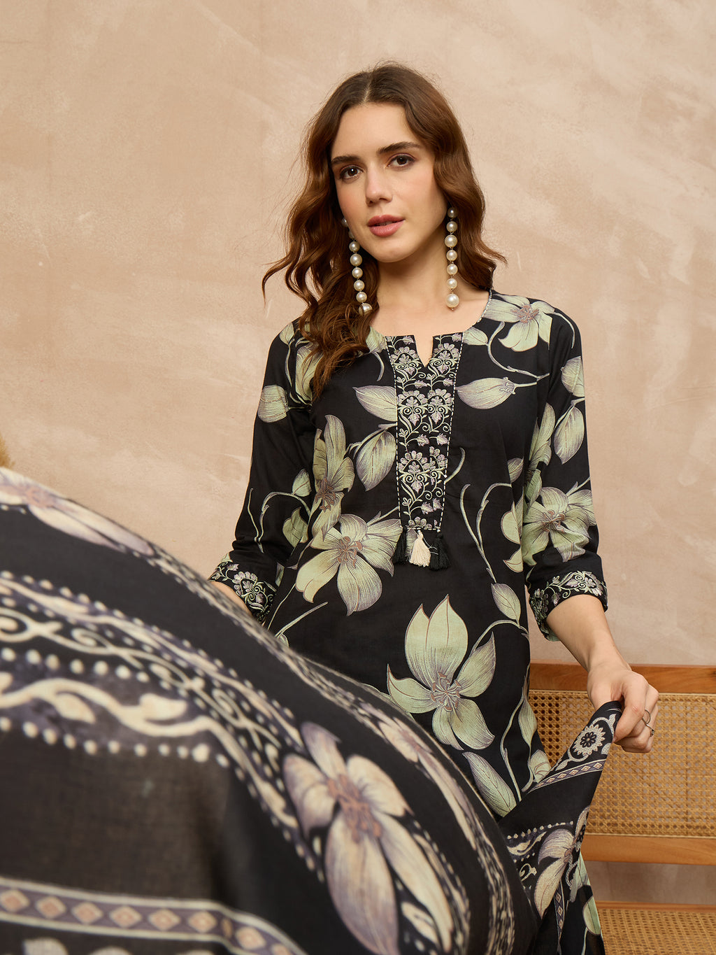Women Floral Printed Regular Thread Work Pure Cotton Kurta with Palazzos & With Dupatta