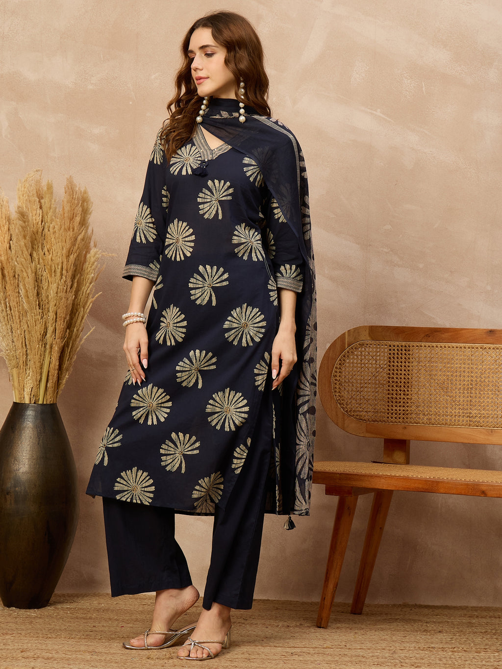 Women Ethnic Motifs Printed Regular Pure Cotton Kurta with Palazzos & With Dupatta