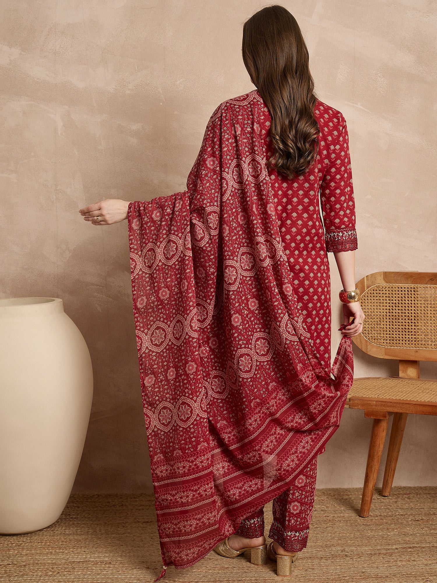 Women Ethnic Motifs Printed Regular Thread Work Pure Cotton Kurta with Trousers & With Dupatta