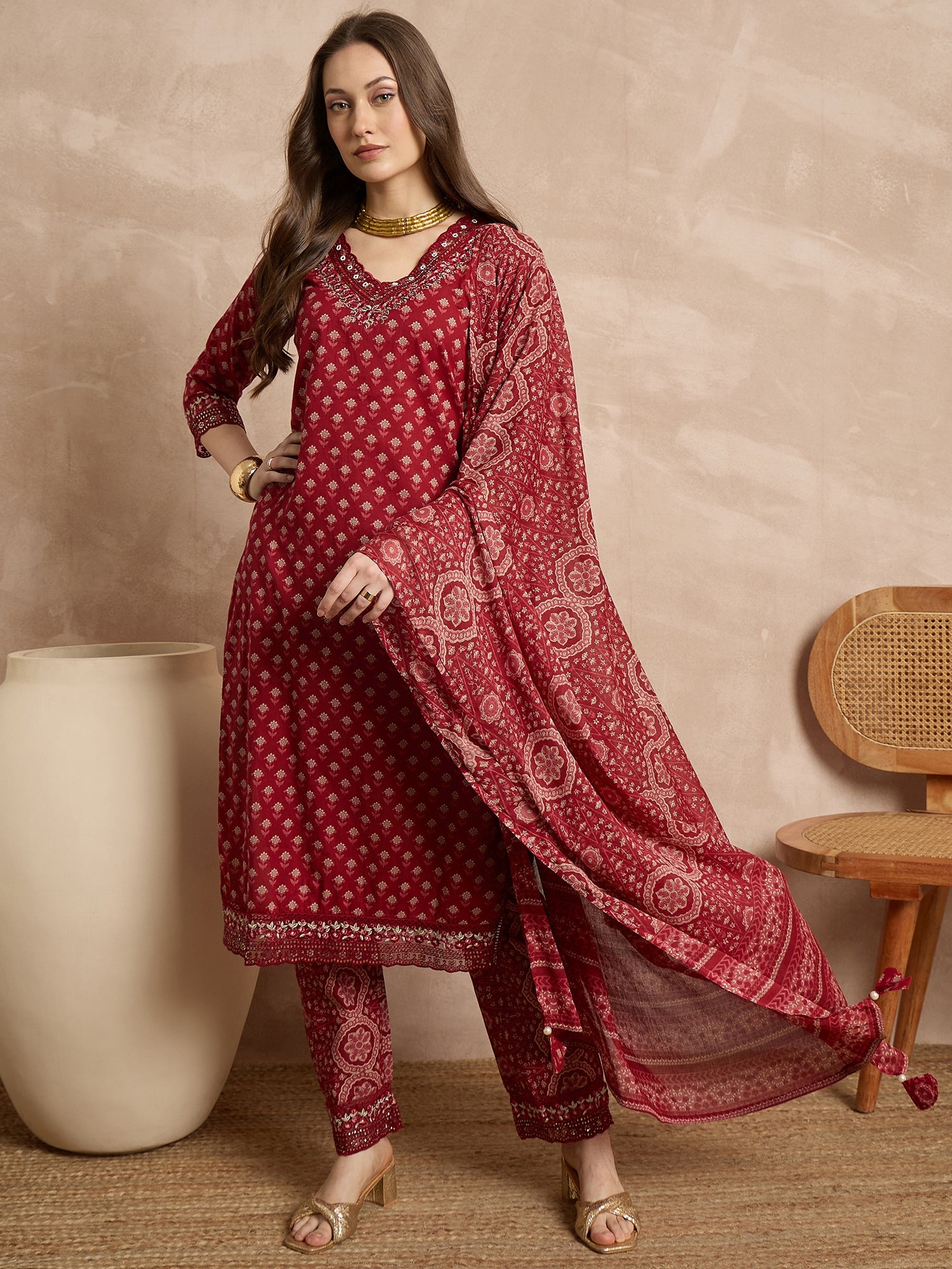 Women Ethnic Motifs Printed Regular Thread Work Pure Cotton Kurta with Trousers & With Dupatta