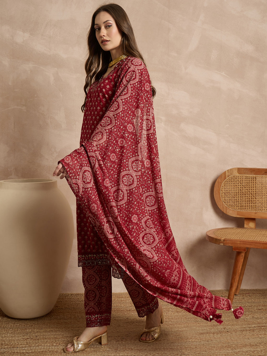 Women Ethnic Motifs Printed Regular Thread Work Pure Cotton Kurta with Trousers & With Dupatta