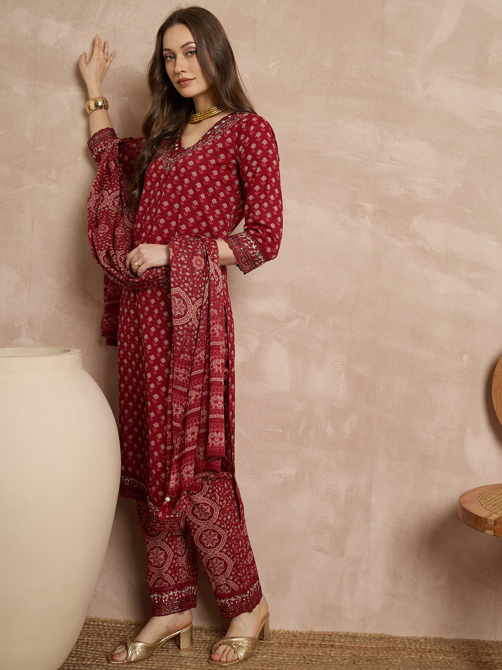 Women Ethnic Motifs Printed Regular Thread Work Pure Cotton Kurta with Trousers & With Dupatta