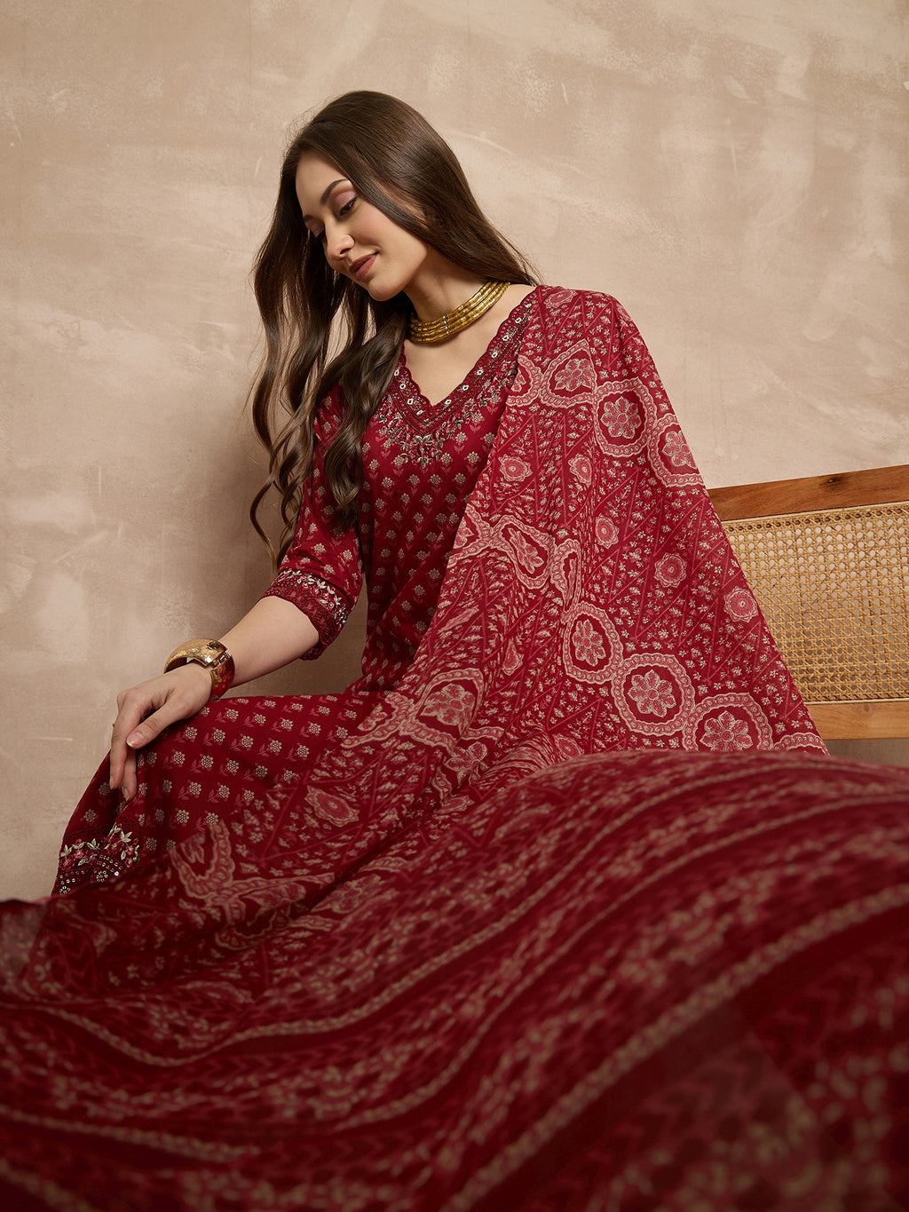 Women Ethnic Motifs Printed Regular Thread Work Pure Cotton Kurta with Trousers & With Dupatta