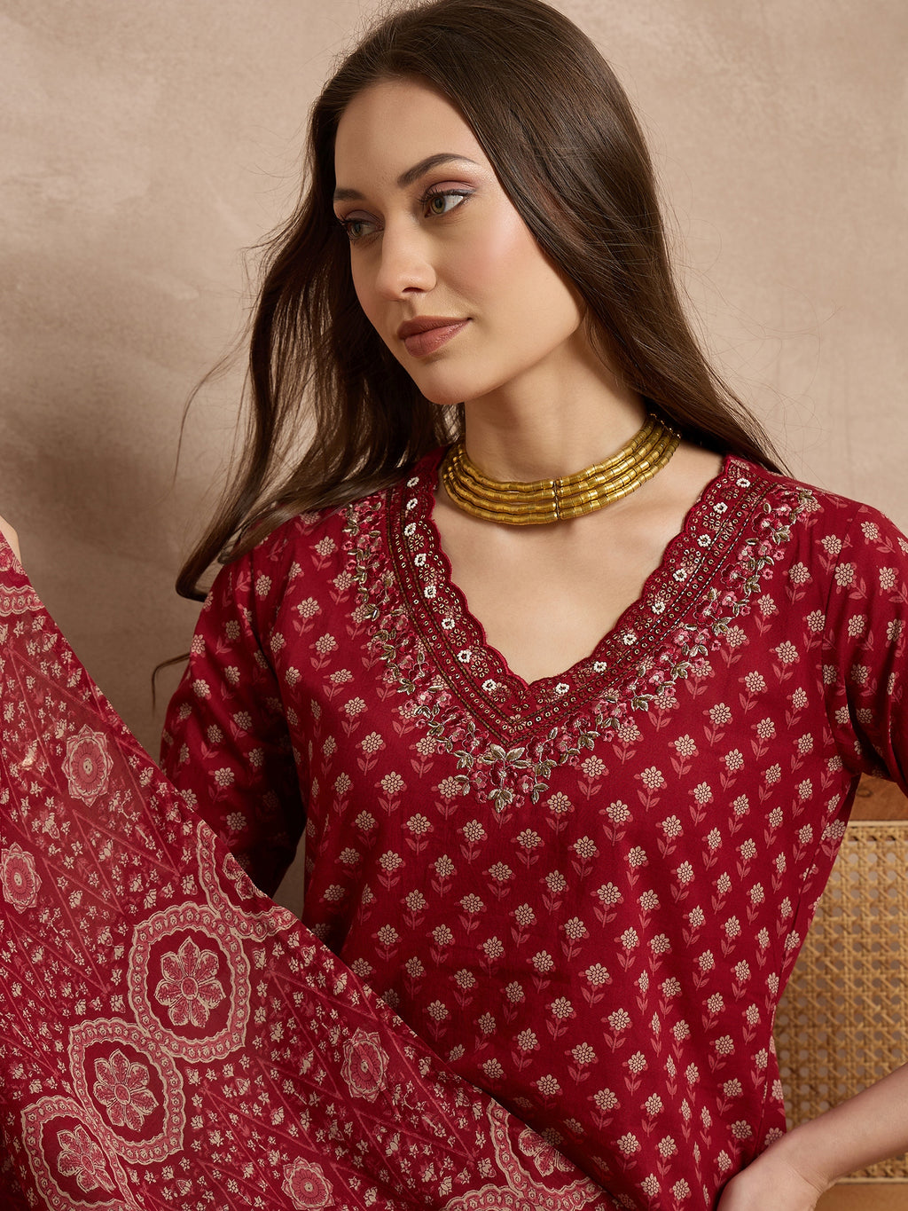 Women Ethnic Motifs Printed Regular Thread Work Pure Cotton Kurta with Trousers & With Dupatta